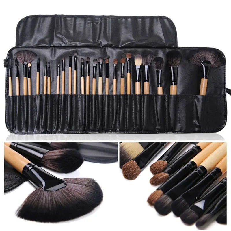 24-Piece Makeup Brush Set with Leather Roll-Up Case – Professional Cosmetic Brushes for Face & Eyes