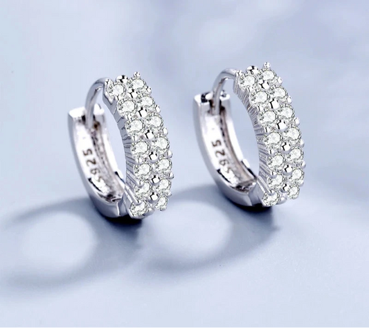 925 Sterling Silver Needle Earrings with Double Row Crystal Zircon Round Studs – Elegant Fashion Jewelry