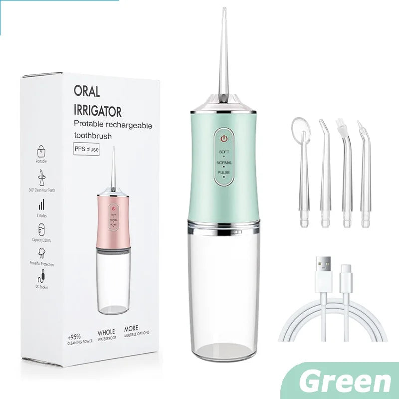 USB Portable Oral Irrigator Water Flosser – 3 Modes, IPX7 Waterproof, 220ML Tank, Rechargeable