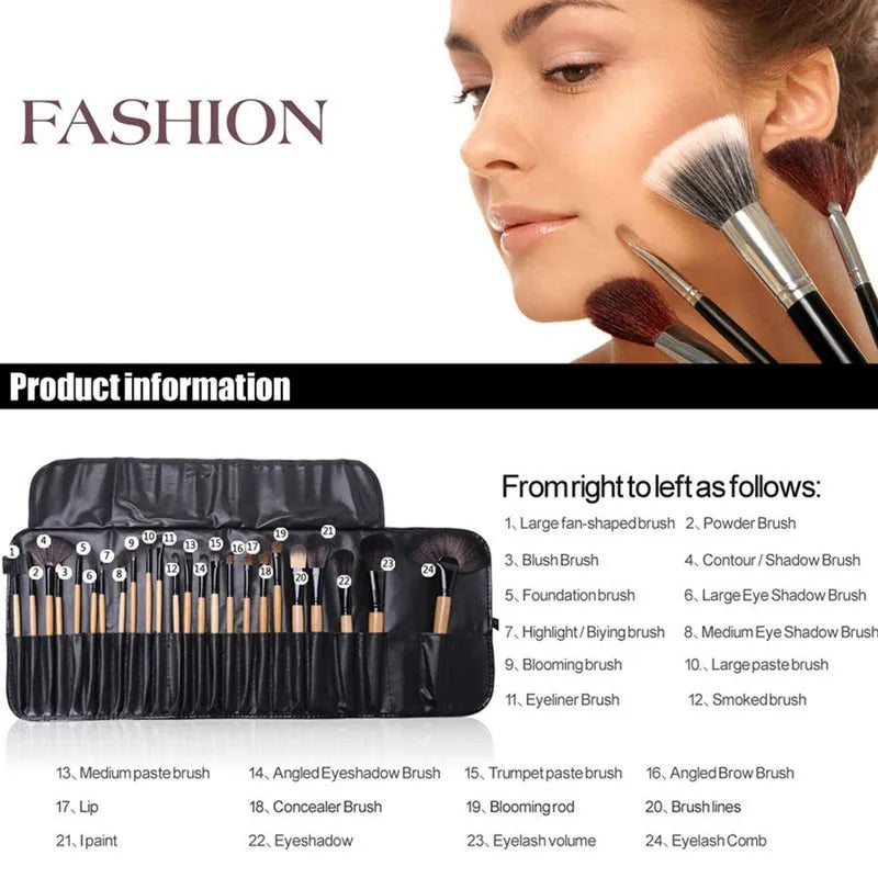 24-Piece Makeup Brush Set with Leather Roll-Up Case – Professional Cosmetic Brushes for Face & Eyes